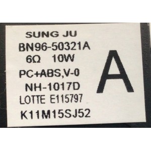 KIT DE BOCINAS PARA TV SAMSUNG (2 PZ) / NUMERO DE PARTE BN96-50321A / 6Ω / 10W / PC+ABS,V-0 / BN9650321A / 50321A / NH-1017D / LOTTE E115797 / K11M15SJ52 / PANEL CY-BT043HGCV4H / MODELO UN43TU7000FXZA XE12